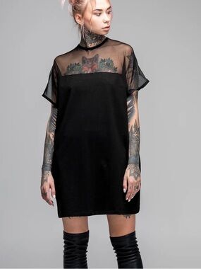 NWT MDMT:45 Black Mini Dress with Sheer Mesh Yoke